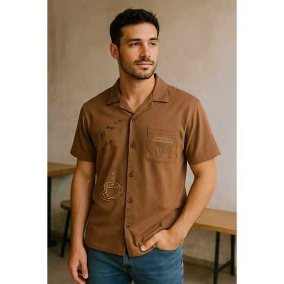 Vox Populi Coffee Print Brown Button Up Shirt Size M Casual Cuban Collar - Picture 1 of 10